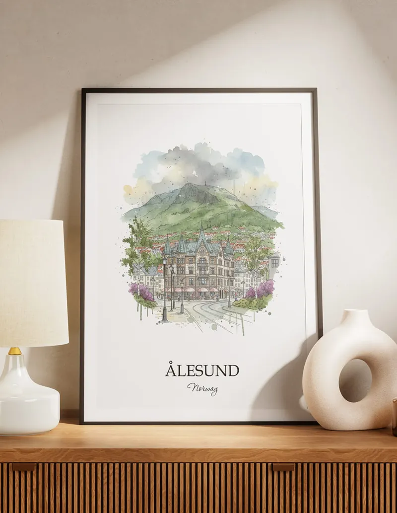 A lovely interior preview showcasing a vintage-vibe travel poster design of the scenic Ålesund city.