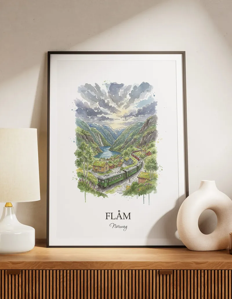 A lovely interior preview showcasing a vintage-vibe travel poster design of the scenic Flåm city.