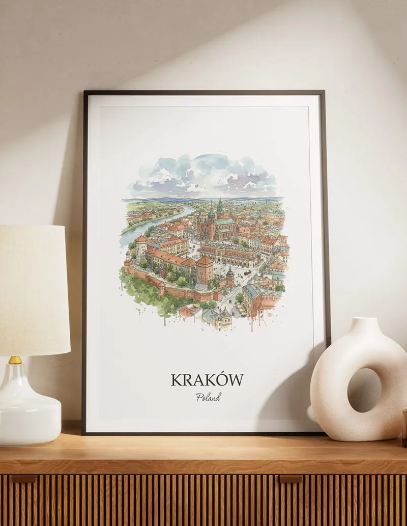 A lovely interior preview showcasing a vintage-vibe travel poster design of the scenic Kraków city.