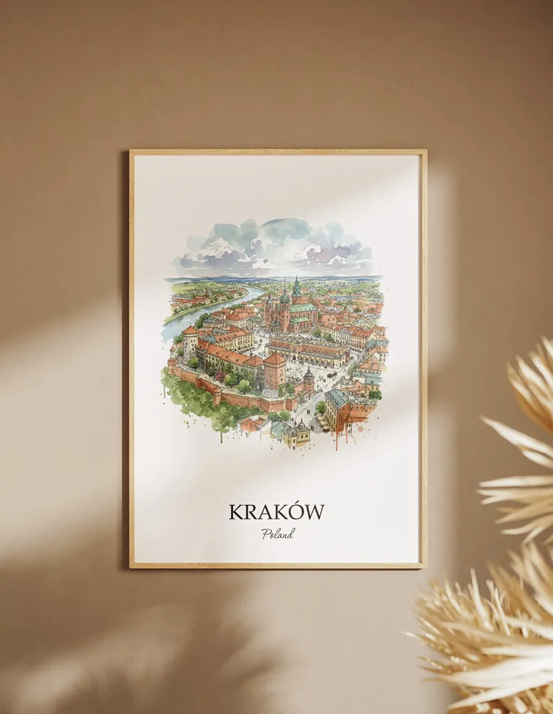A clean and modern mockup showing a framed Kraków city print on a minimalist background.