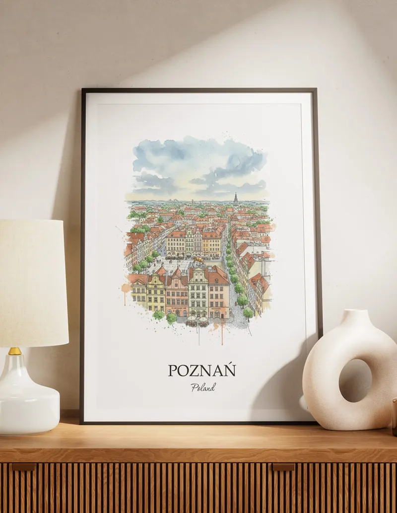A lovely interior preview showcasing a vintage-vibe travel poster design of the scenic Pozna_ city.