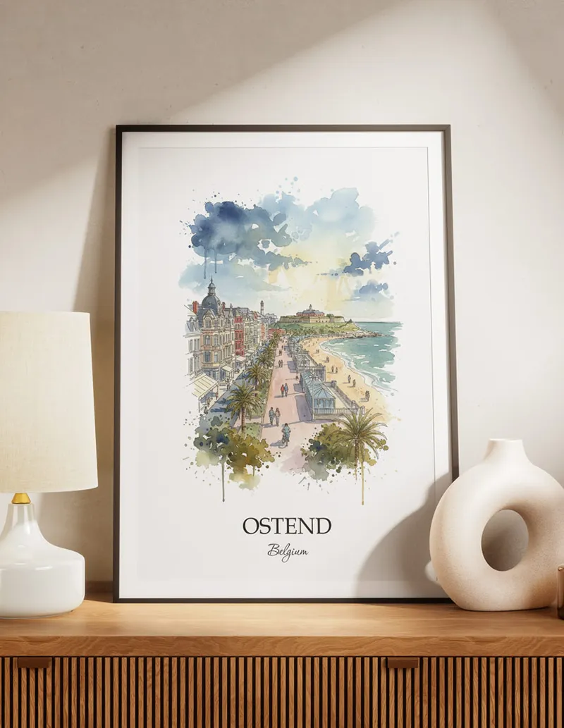 A lovely interior preview showcasing a vintage-vibe travel poster design of the scenic Ostend city.