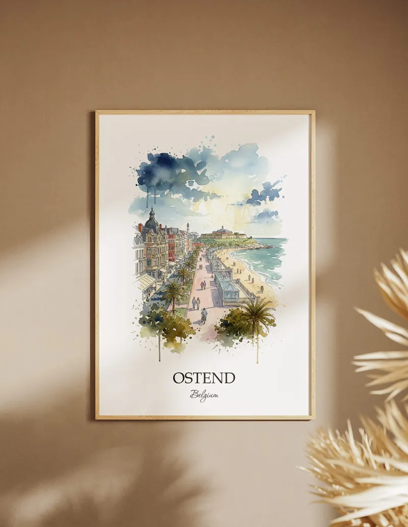 A clean and modern mockup showing a framed Ostend city print on a minimalist background.