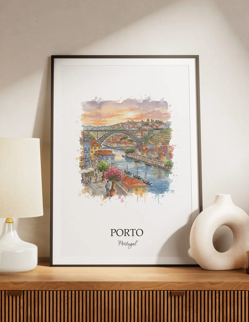 A lovely interior preview showcasing a vintage-vibe travel poster design of the scenic Porto city.