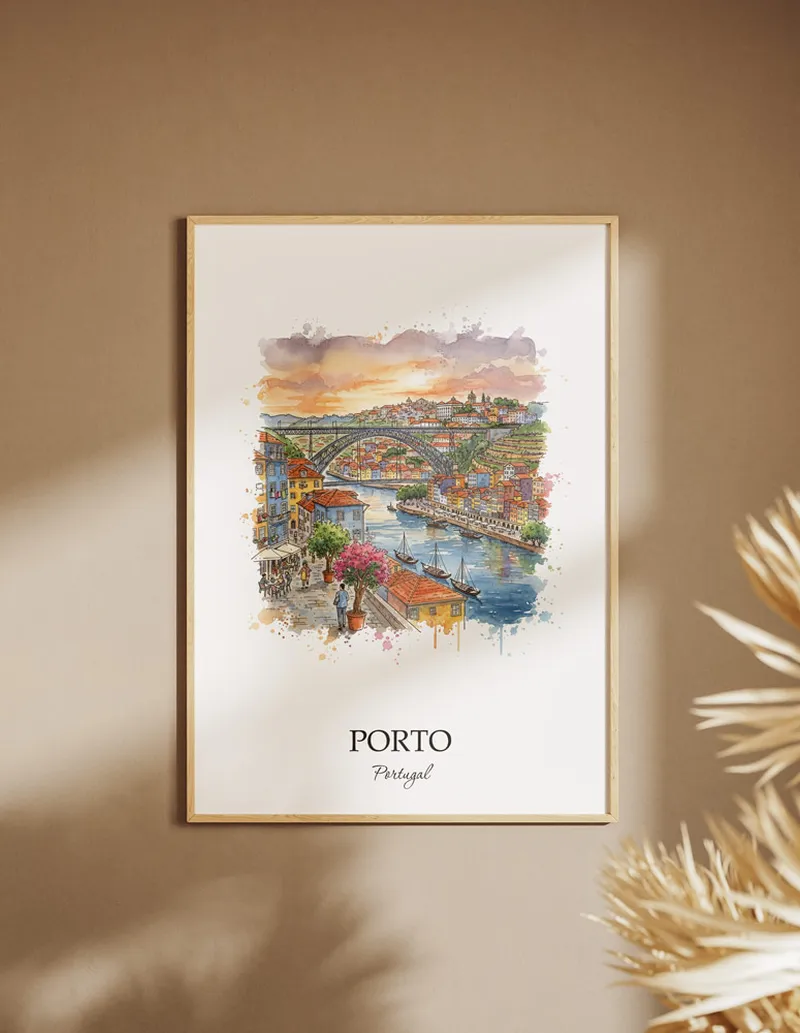 A clean and modern mockup showing a framed Porto city print on a minimalist background.