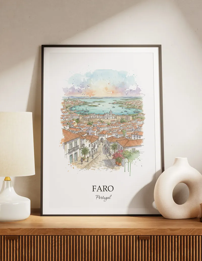 A lovely interior preview showcasing a vintage-vibe travel poster design of the scenic Faro city.