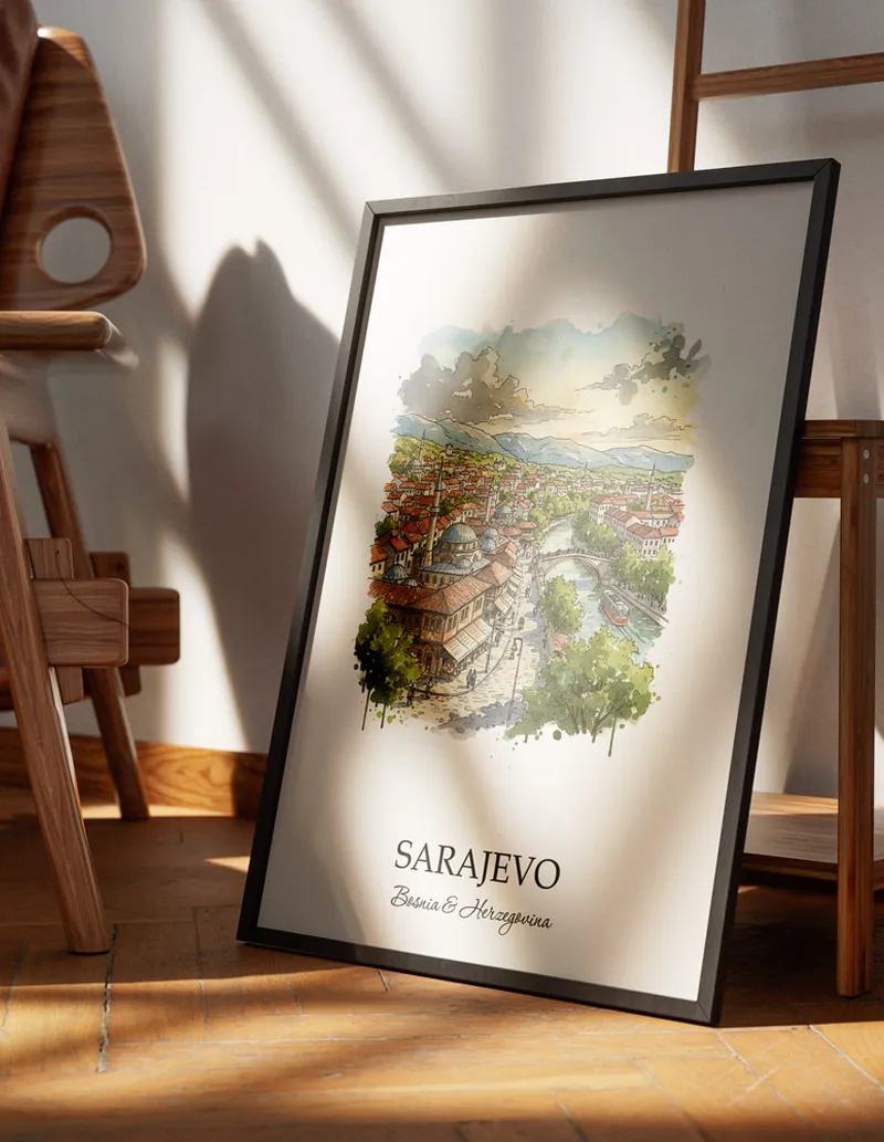 Minimalist poster of Sarajevo city in Bosnia & Herzegovina in a light frame standing on the floor in a dark moody interior.