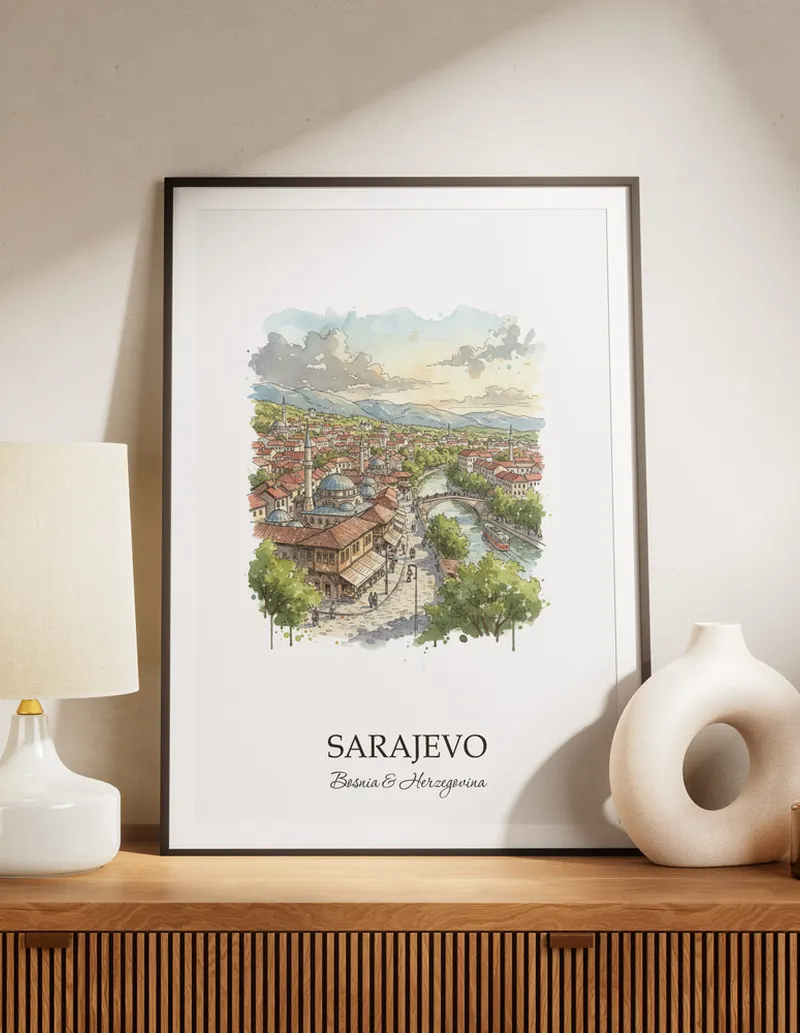 A lovely interior preview showcasing a vintage-vibe travel poster design of the scenic Sarajevo city.