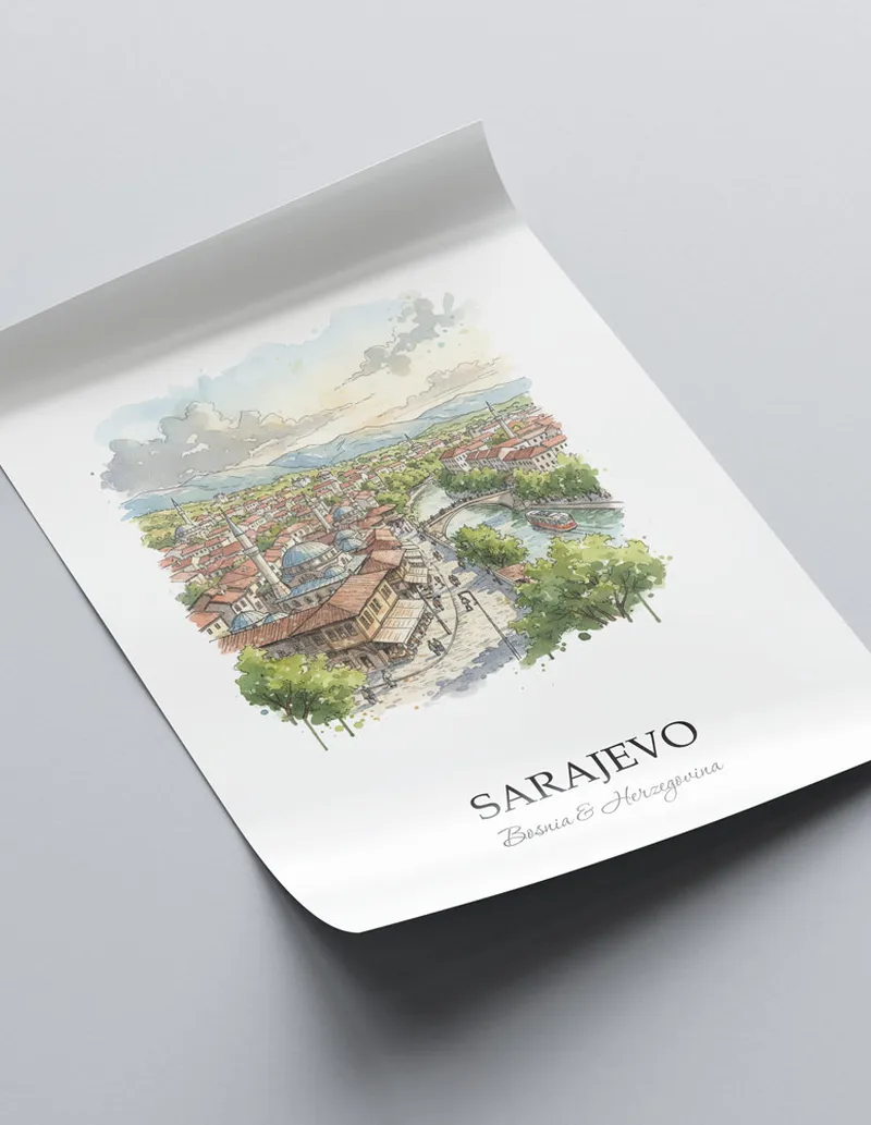 A close-up of a high-quality paper print featuring the Sarajevo city minimalist design.