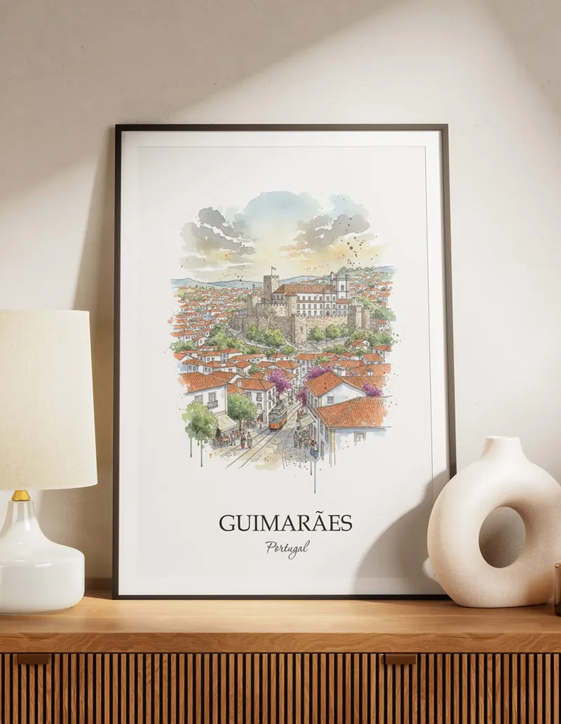 A lovely interior preview showcasing a vintage-vibe travel poster design of the scenic Guimarães city.
