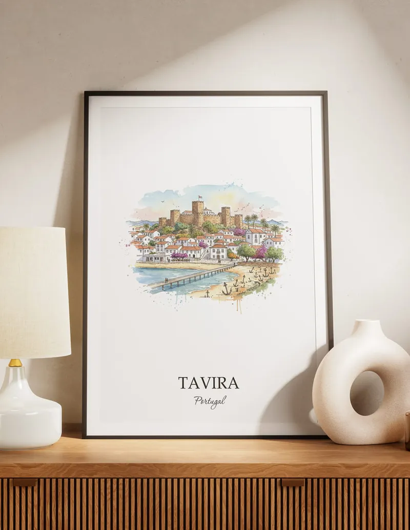 A lovely interior preview showcasing a vintage-vibe travel poster design of the scenic Tavira city.