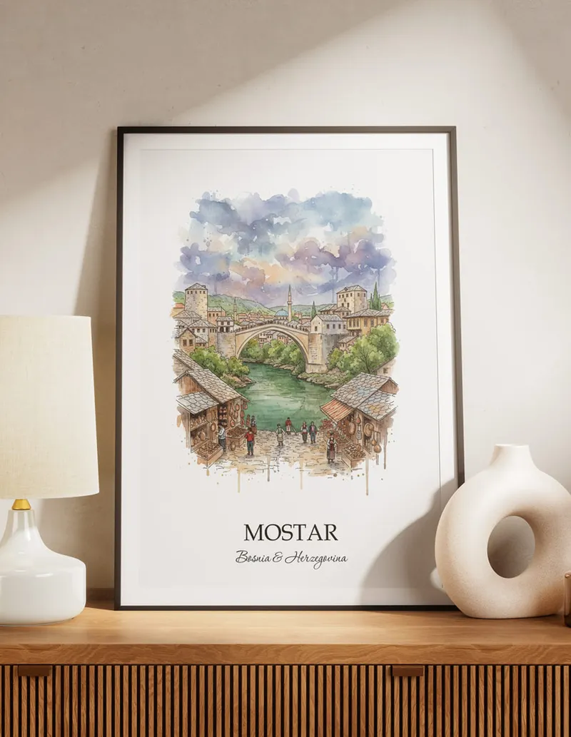 A lovely interior preview showcasing a vintage-vibe travel poster design of the scenic Mostar city.