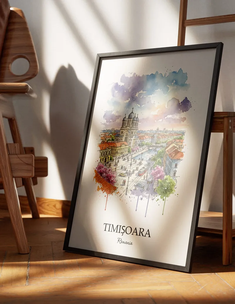 Minimalist poster of Timi_oara city in Romania in a light frame standing on the floor in a dark moody interior.