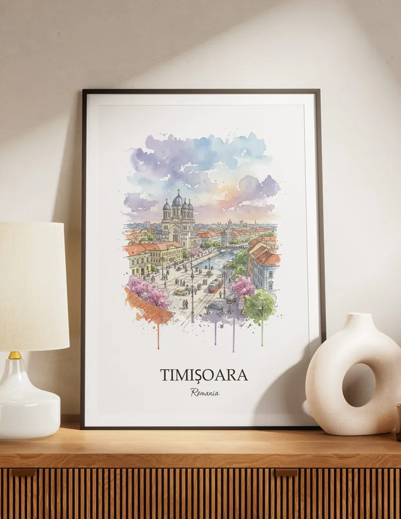 A lovely interior preview showcasing a vintage-vibe travel poster design of the scenic Timi_oara city.