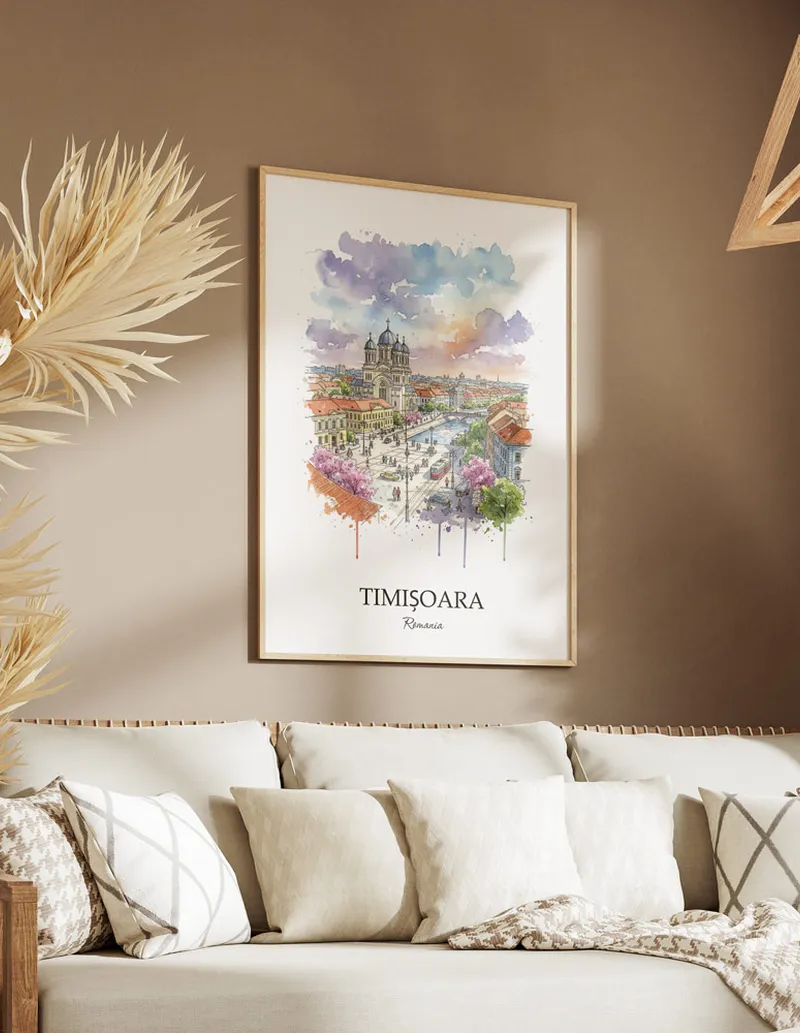 Vintage travel poster of Timi_oara city, Romania in a light frame displayed above a sofa in a bright boho interior.
