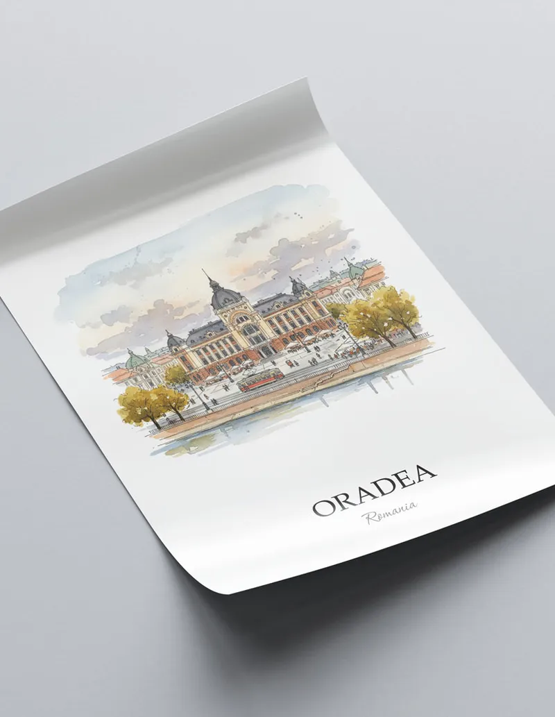 A close-up of a high-quality paper print featuring the Oradea city minimalist design.