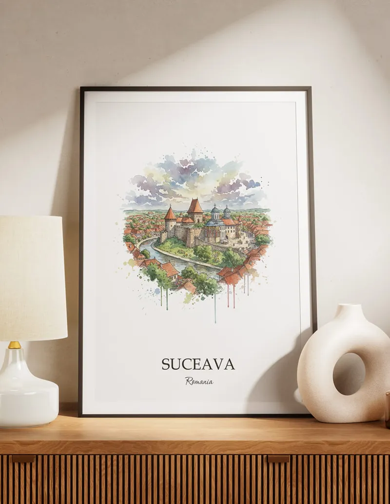 A lovely interior preview showcasing a vintage-vibe travel poster design of the scenic Suceava city.