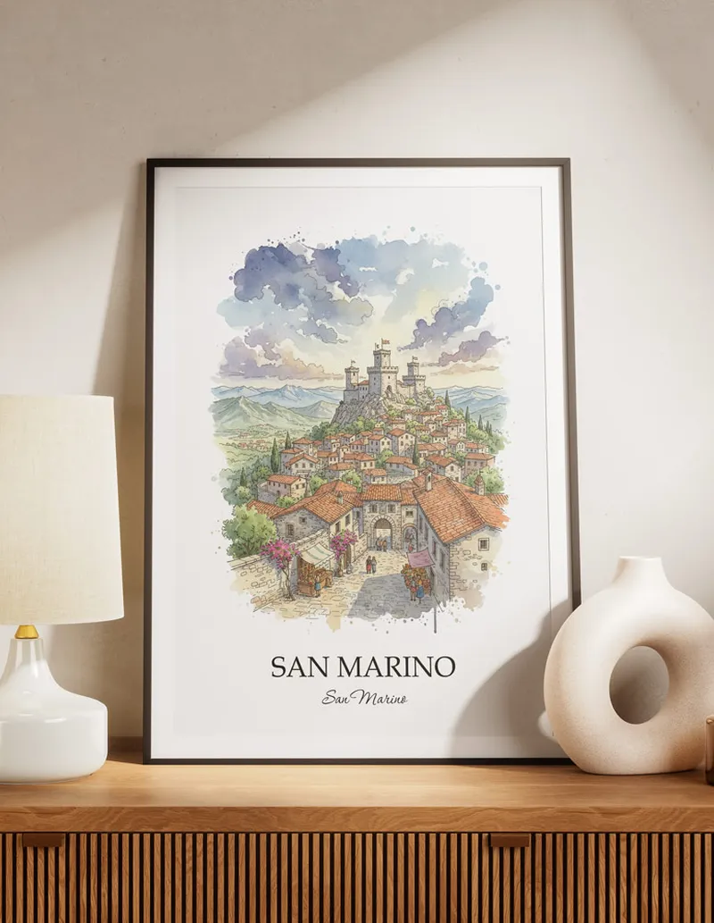 A lovely interior preview showcasing a vintage-vibe travel poster design of the scenic San Marino city.