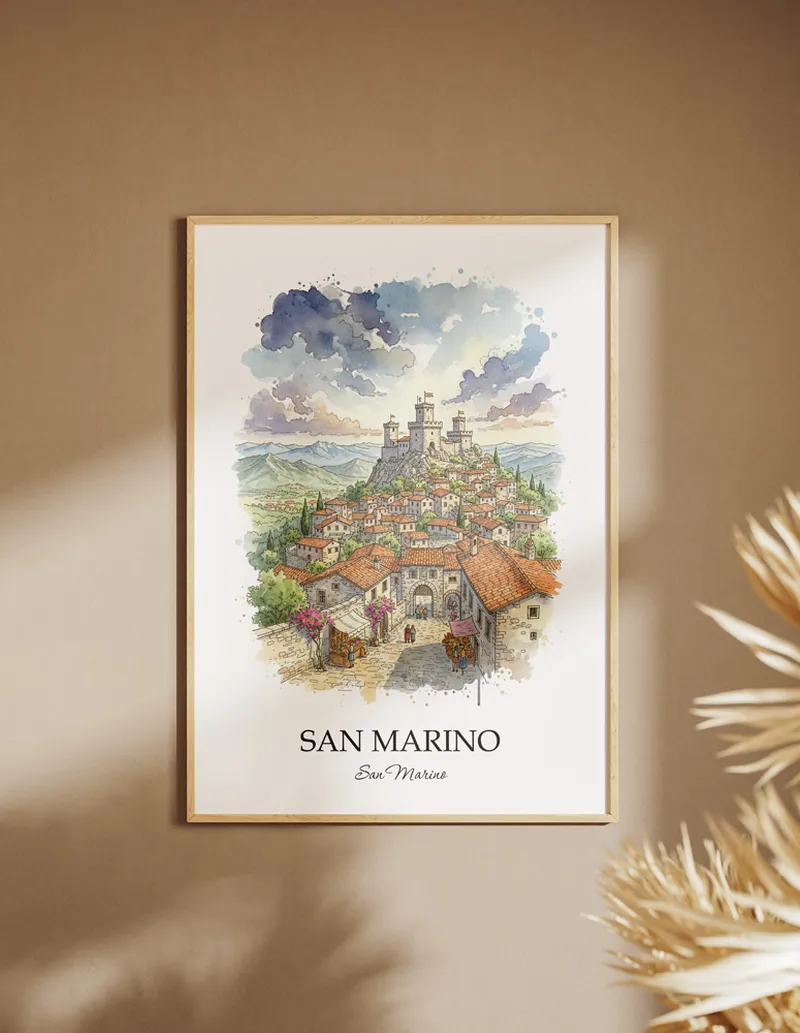 A clean and modern mockup showing a framed San Marino city print on a minimalist background.