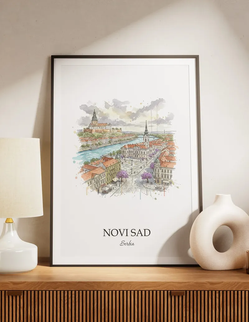 A lovely interior preview showcasing a vintage-vibe travel poster design of the scenic Novi Sad city.
