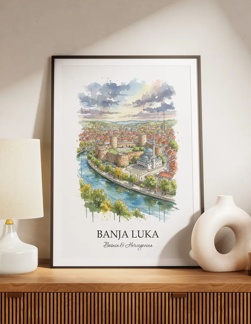 A lovely interior preview showcasing a vintage-vibe travel poster design of the scenic Banja Luka city.