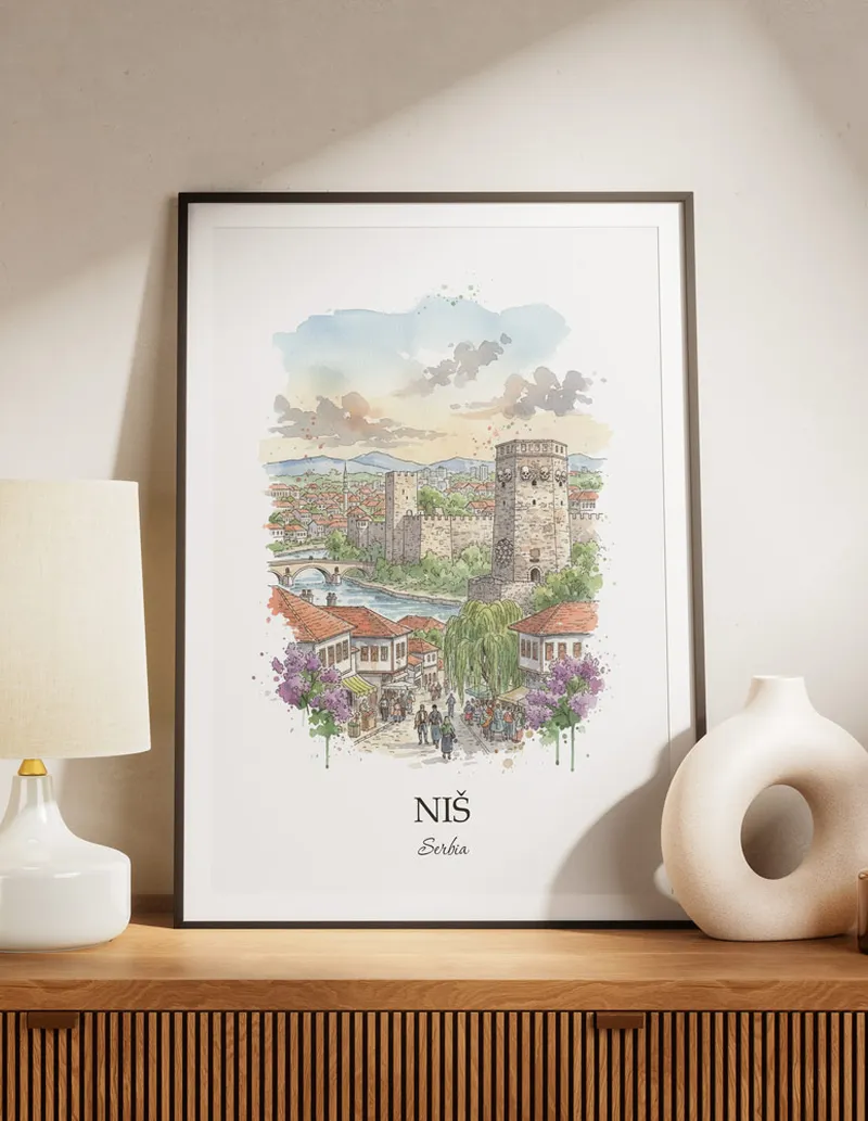 A lovely interior preview showcasing a vintage-vibe travel poster design of the scenic Ni_ city.