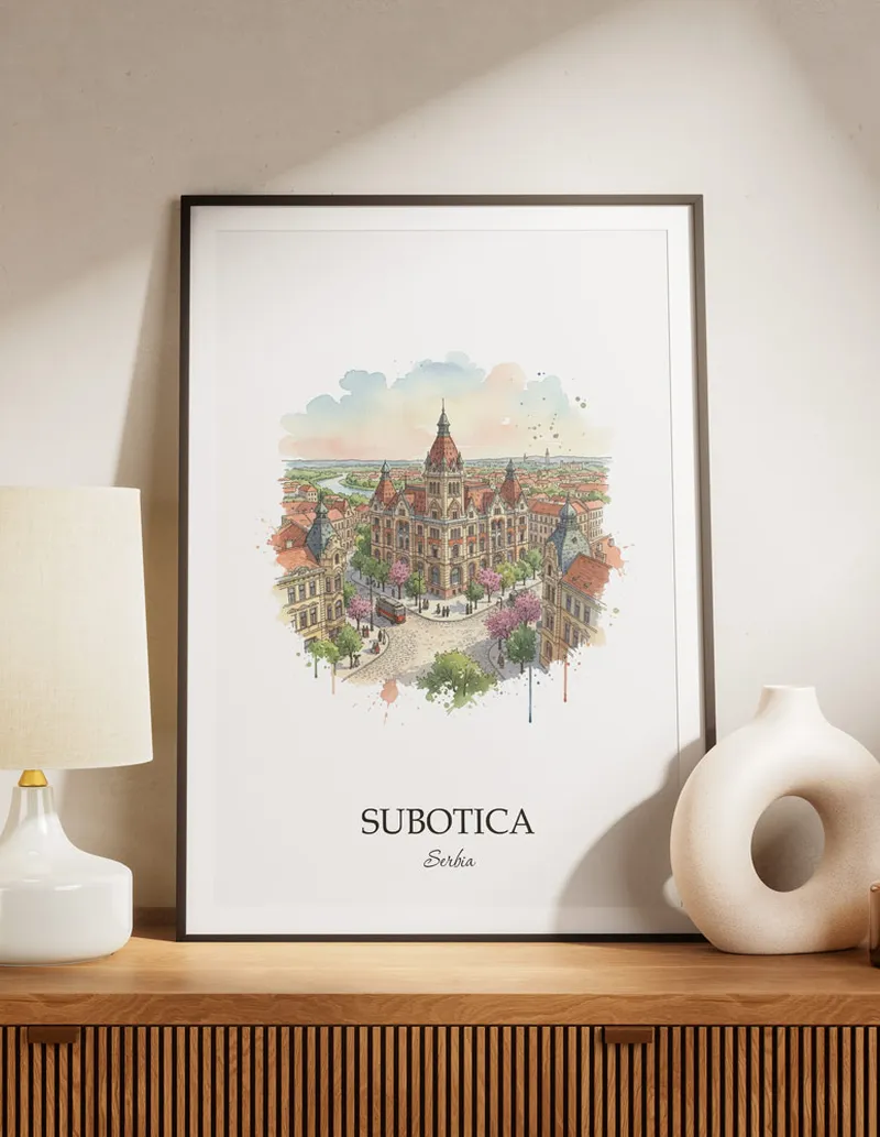 A lovely interior preview showcasing a vintage-vibe travel poster design of the scenic Subotica city.
