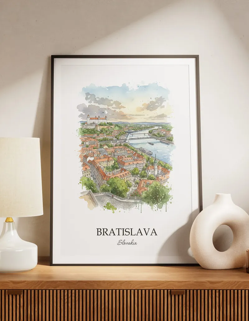 A lovely interior preview showcasing a vintage-vibe travel poster design of the scenic Bratislava city.