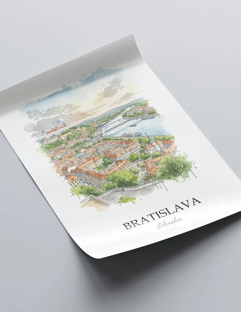A close-up of a high-quality paper print featuring the Bratislava city minimalist design.