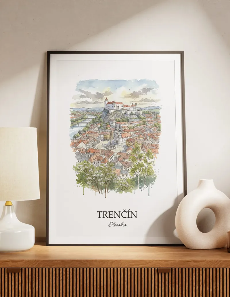 A lovely interior preview showcasing a vintage-vibe travel poster design of the scenic Trencin city.