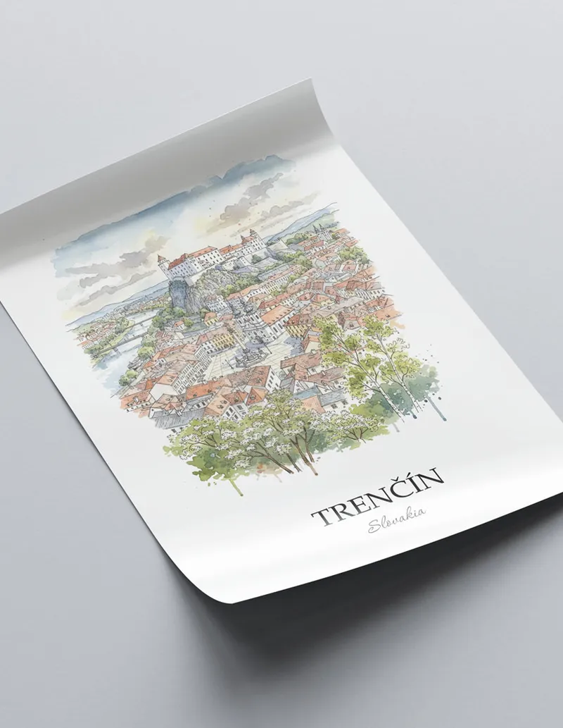 A close-up of a high-quality paper print featuring the Trencin city minimalist design.