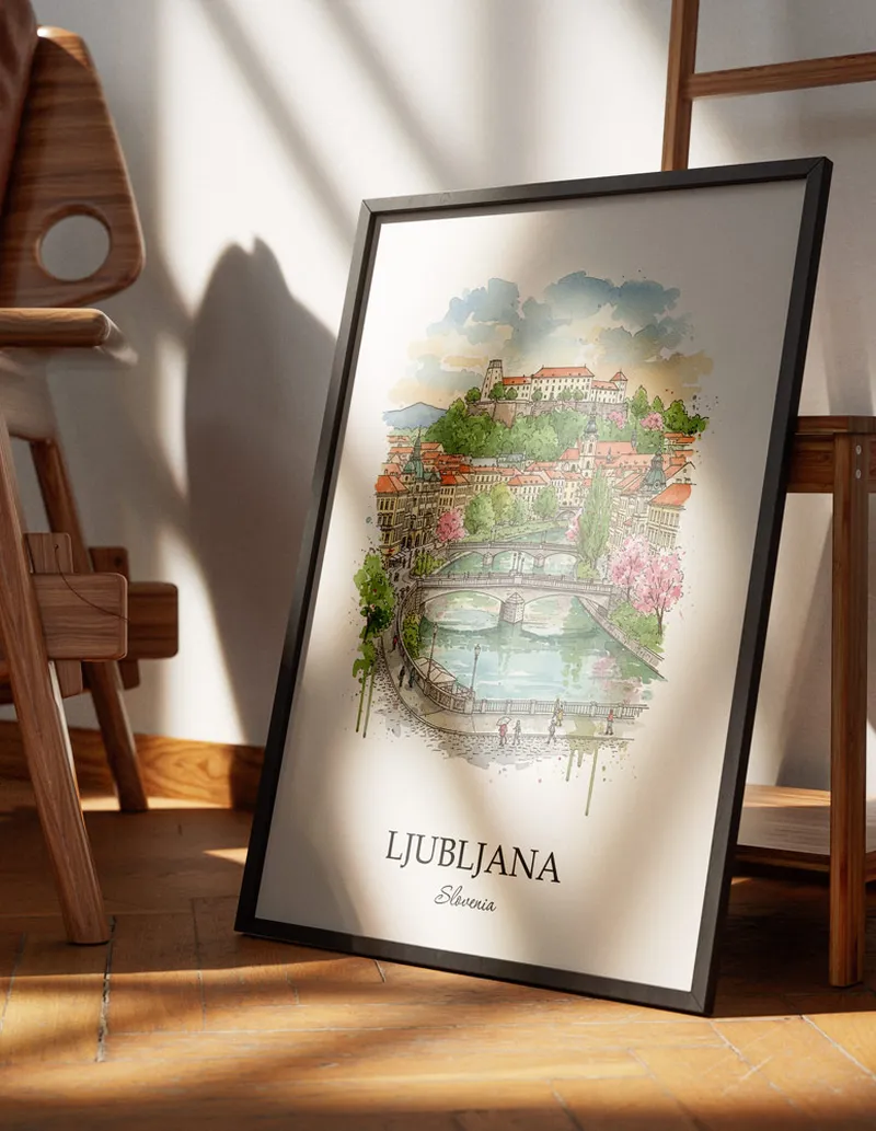 Minimalist poster of Ljubljana city in Slovenia in a light frame standing on the floor in a dark moody interior.