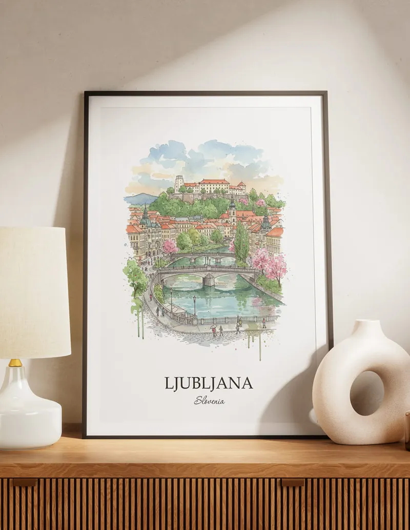 A lovely interior preview showcasing a vintage-vibe travel poster design of the scenic Ljubljana city.