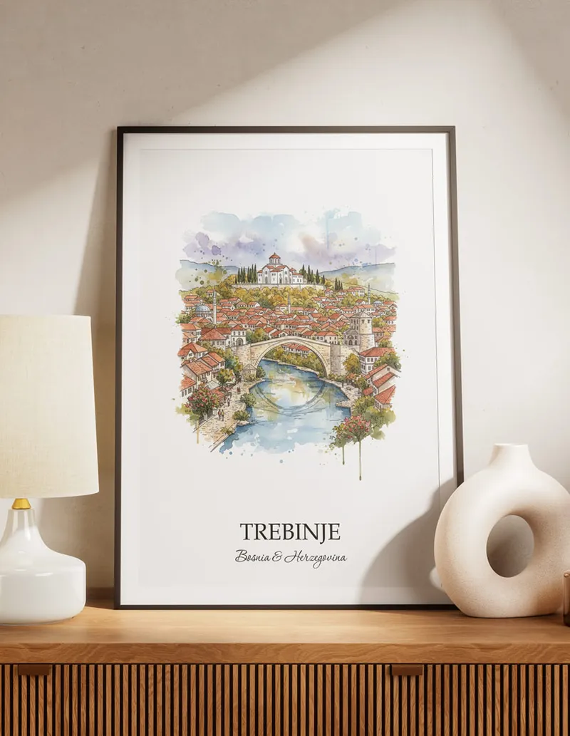 A lovely interior preview showcasing a vintage-vibe travel poster design of the scenic Trebinje city.