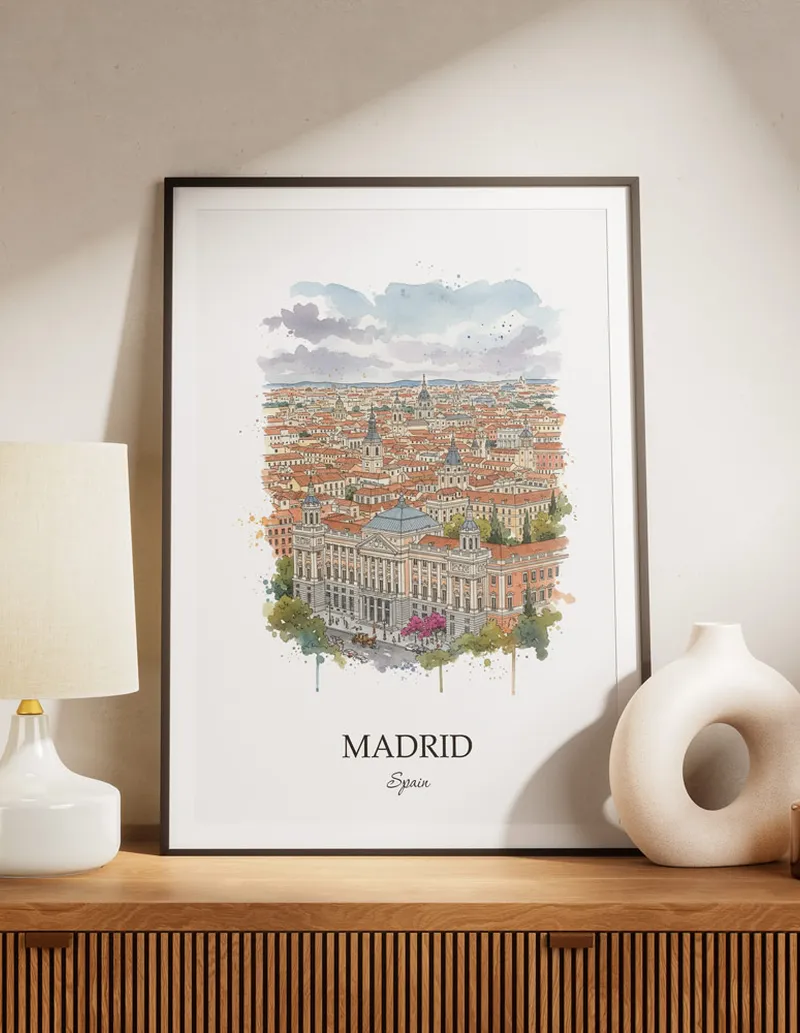 A lovely interior preview showcasing a vintage-vibe travel poster design of the scenic Madrid city.