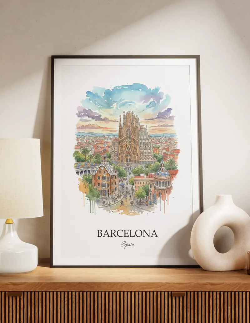 A lovely interior preview showcasing a vintage-vibe travel poster design of the scenic Barcelona city.