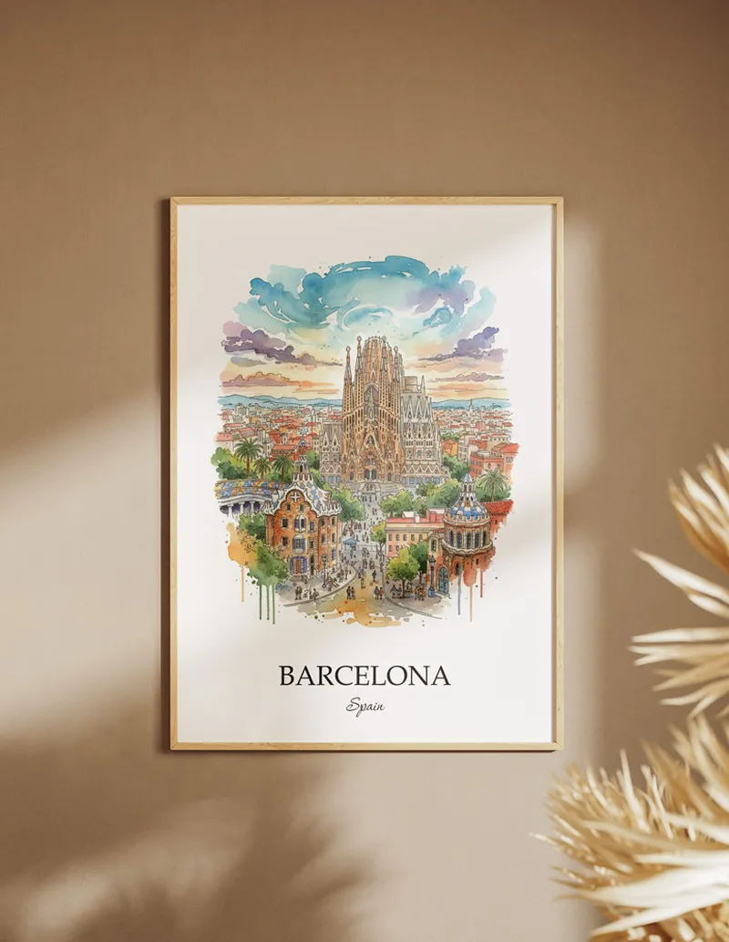 A clean and modern mockup showing a framed Barcelona city print on a minimalist background.