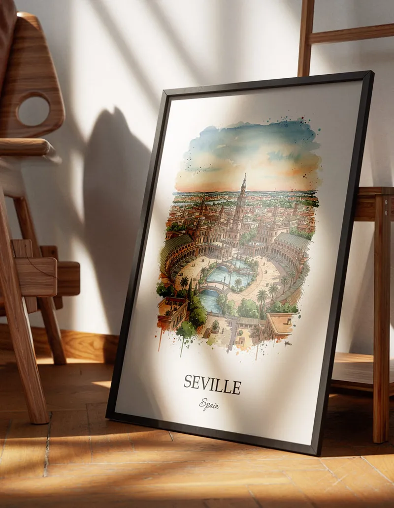 Minimalist poster of Seville city in Spain in a light frame standing on the floor in a dark moody interior.