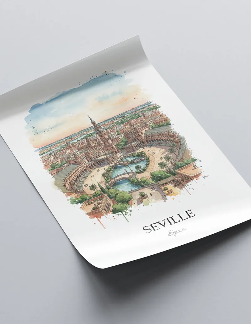A close-up of a high-quality paper print featuring the Seville city minimalist design.