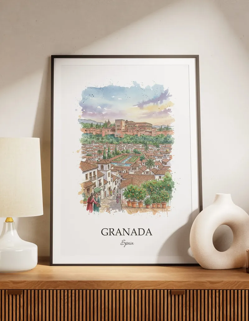 A lovely interior preview showcasing a vintage-vibe travel poster design of the scenic Granada city.
