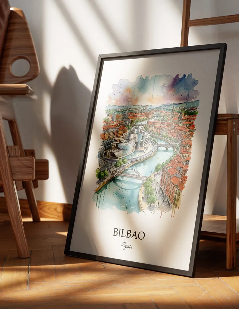 Minimalist poster of Bilbao city in Spain in a light frame standing on the floor in a dark moody interior.