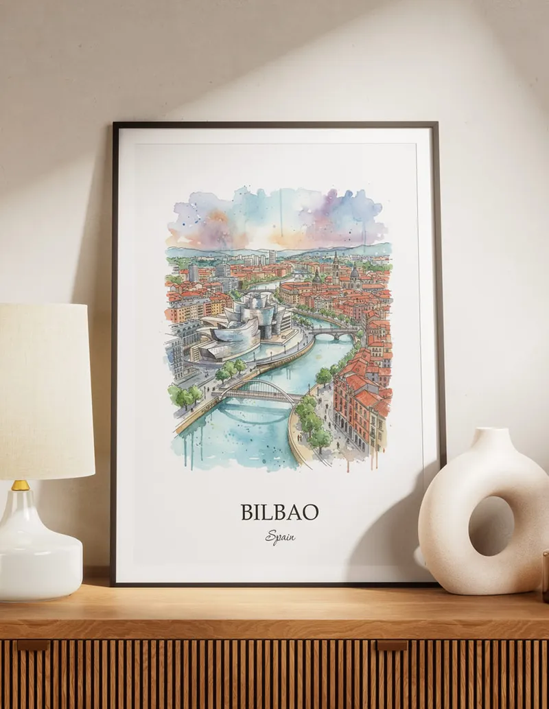 A lovely interior preview showcasing a vintage-vibe travel poster design of the scenic Bilbao city.