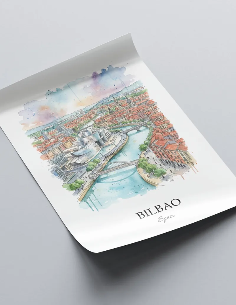 A close-up of a high-quality paper print featuring the Bilbao city minimalist design.