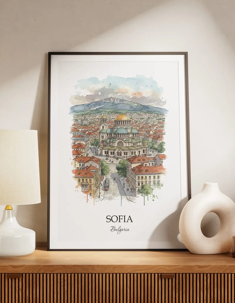 A lovely interior preview showcasing a vintage-vibe travel poster design of the scenic Sofia city.