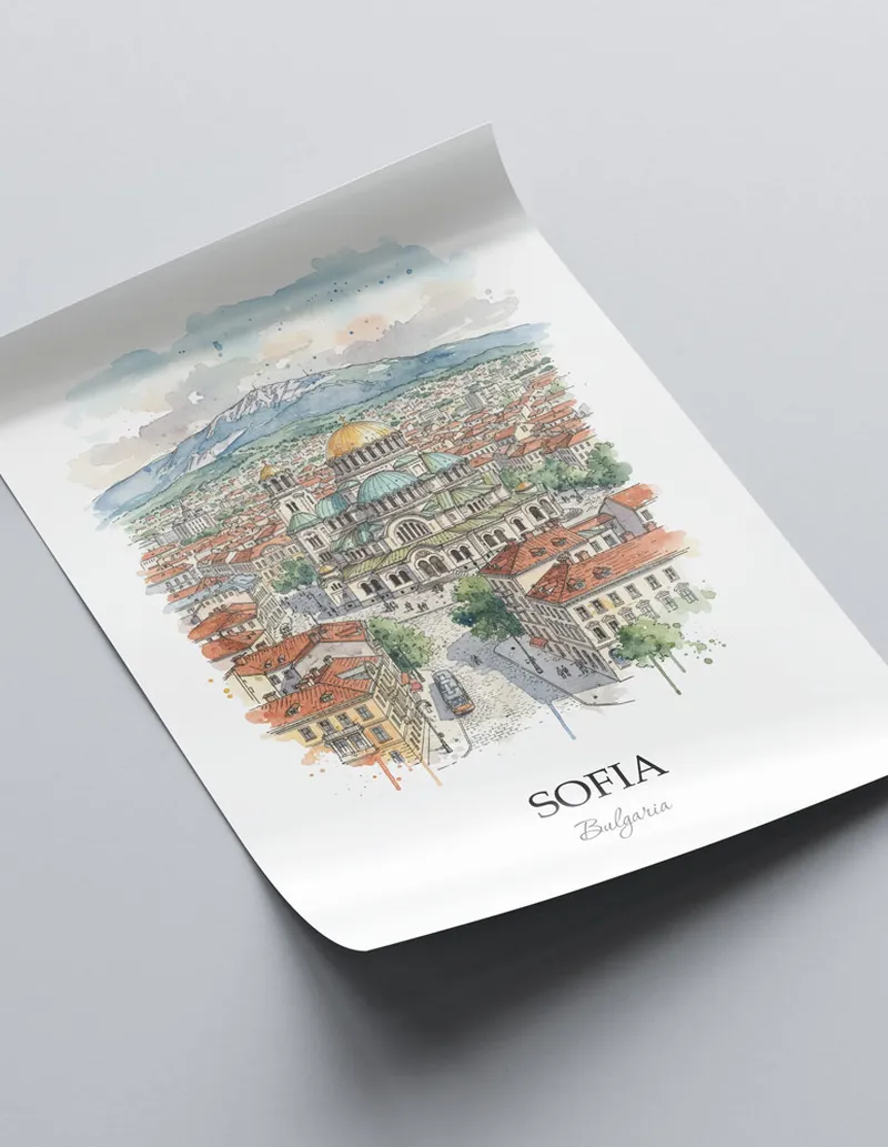 A close-up of a high-quality paper print featuring the Sofia city minimalist design.