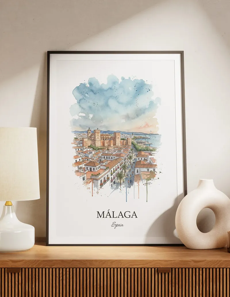 A lovely interior preview showcasing a vintage-vibe travel poster design of the scenic Málaga city.