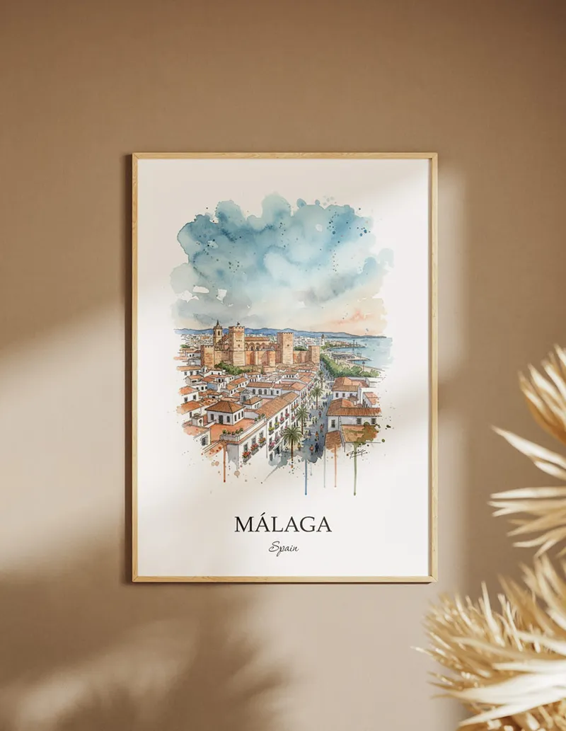 A clean and modern mockup showing a framed Málaga city print on a minimalist background.