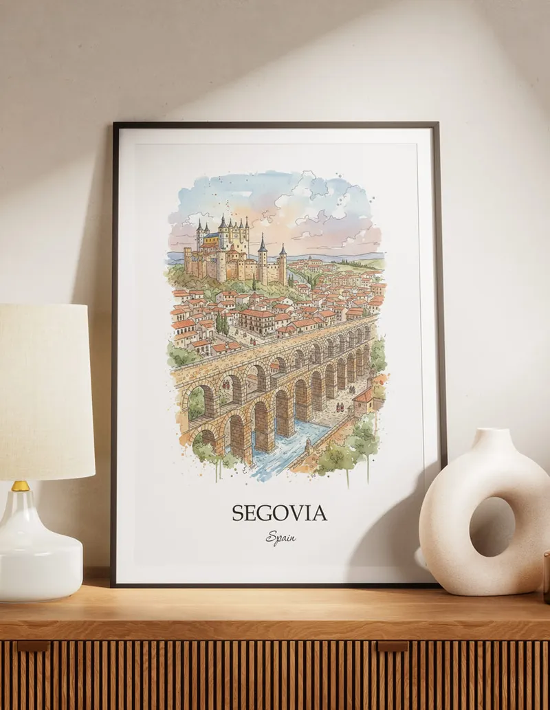 A lovely interior preview showcasing a vintage-vibe travel poster design of the scenic Segovia city.