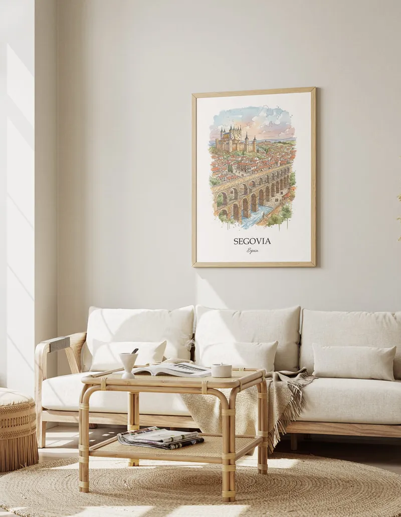 Framed wall art featuring Segovia, Spain in a light wood frame hanging above a sofa in a modern living room.