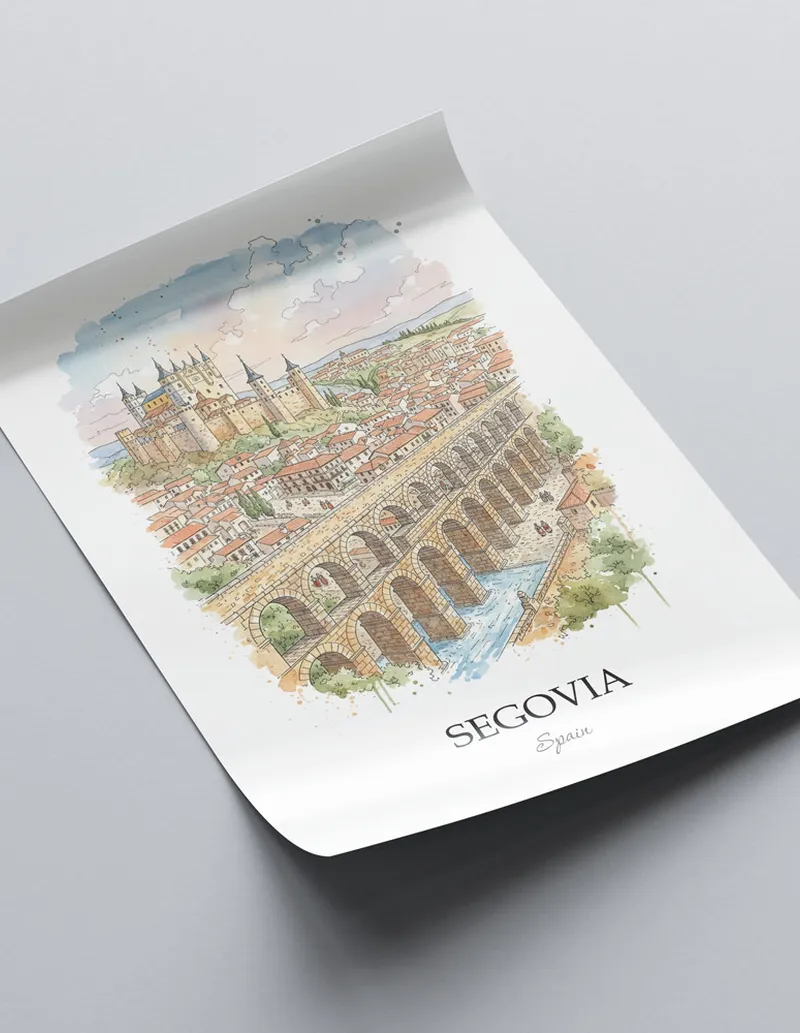 A close-up of a high-quality paper print featuring the Segovia city minimalist design.